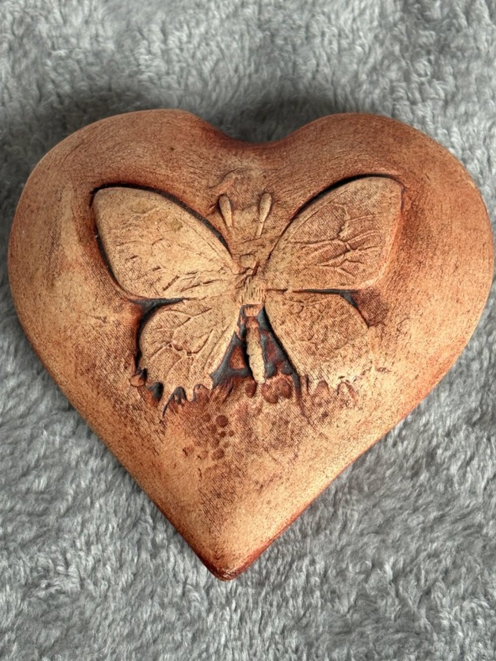 Handmade Heart Ceramic Rattle Earth Tone Hollow Pottery Butterfly Decor Signed